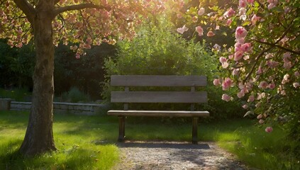 Dans un jardin paisible, une personne est assise sur un banc de pierre ancien, entourée d'arbres aux couleurs chatoyantes et de fleurs délicates. Les rayons du soleil traversent les branches, créant u
