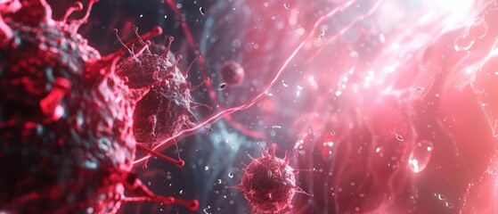 A futuristic 3D scene showing the coronavirus in a red artery