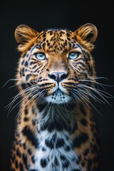 the Amur Leopard, portrait view, white copy space on right Isolated on black background