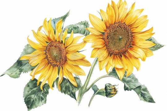 Sunflower Botanical Illustration, Sun Flowers Isolated, Sunflowers on White - Powered by Adobe