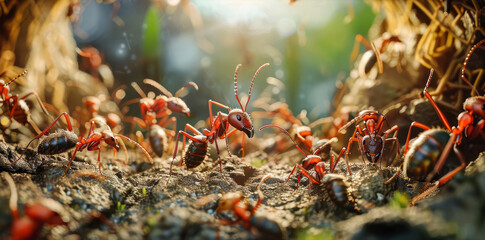 A futuristic depiction of a miniature society showcases charismatic ants engaging in creative and complex social behaviors