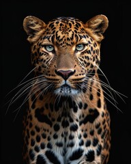 Obraz premium theAsian Leopard , portrait view, white copy space on right Isolated on black background