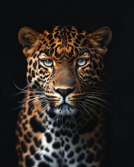 theAsian Leopard , portrait view, white copy space on right Isolated on black background