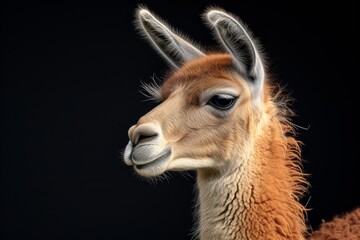 Obraz premium Mystic portrait of Llama, copy space on right side, Anger, Menacing, Headshot, Close-up View Isolated on black background