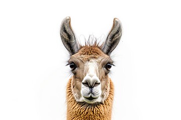 Fototapeta premium Mystic portrait of Llama, copy space on right side, Anger, Menacing, Headshot, Close-up View Isolated on white background