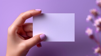 Obraz premium hand holding a card on a purple background