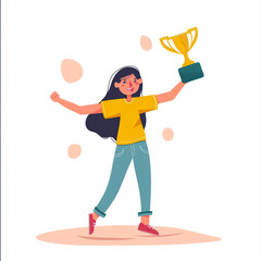 Young woman celebrates victory holding her golden trophy on white background. Flat illustration. Happy student with golden winning cup. Success, young winner, champion, career, sport, education