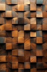 A wall of wooden tiles with a geometric pattern, giving the illusion that they form squares 
