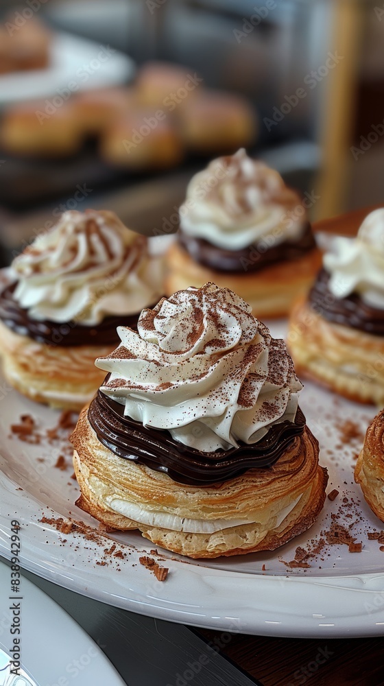 Wall mural Dark chocolate cream puffs with white whipped cream on top