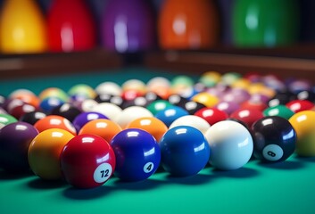 Solid Many colorful billiard balls and cue. Sport activity play leisure hobby. Generate Ai