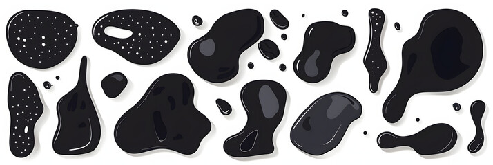 Abstract organic shapes collection. Irregular liquid forms set. Black amoeba blobs, blotches, drops or stains bundle. Different design elements for label, sticker, banner, bubble, collage.