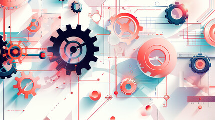 Obraz premium abstract vector illustration of gears and tech elements on a white background, with a pink