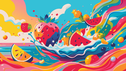 Vibrant, Colorful Fruit Explosion Illustration with Ocean Waves