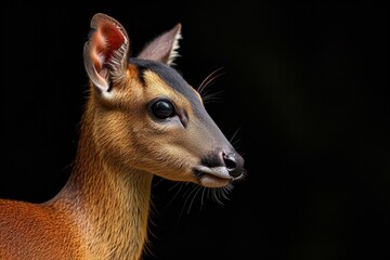 Obraz premium Mystic portrait of Muntjac, copy space on right side, Anger, Menacing, Headshot, Close-up View Isolated on black background