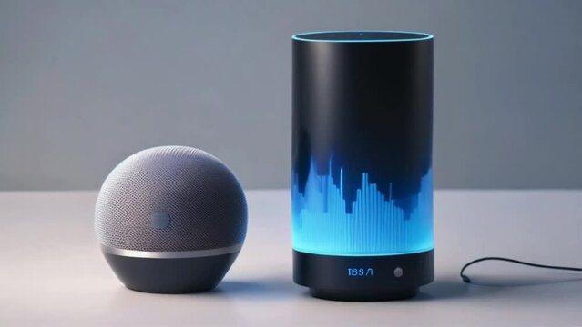 A voice assistant speaker listens to a user's request, with sound waves animating and a visual response on the device