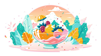 Fototapeta premium Vibrant Summer Fruit Bowl Illustration with Scenic Background
