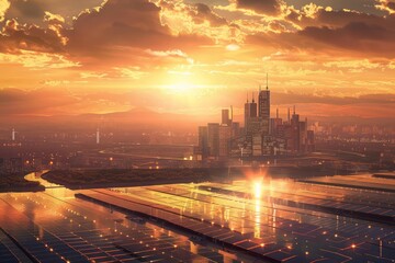 A stunning view of a futuristic city bathed in the warm glow of a beautiful sunset