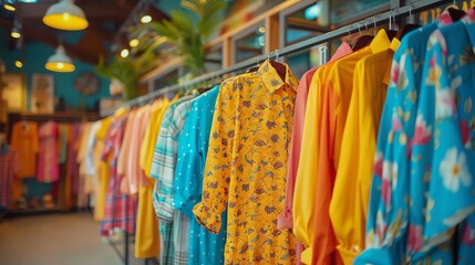 Colorful clothing on display in a retail store.