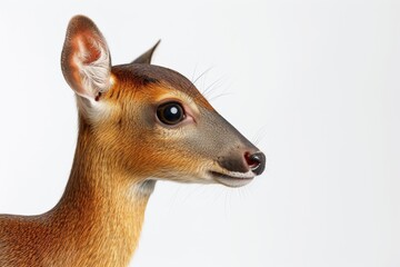 Obraz premium Mystic portrait of Muntjac, copy space on right side, Anger, Menacing, Headshot, Close-up View Isolated on white background