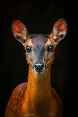Mystic portrait of Muntjac, copy space on right side, Anger, Menacing, Headshot, Close-up View Isolated on black background