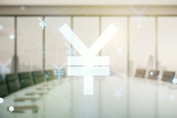 Double exposure of abstract virtual Japanese Yen symbol hologram on a modern meeting room background. Banking and investing concept