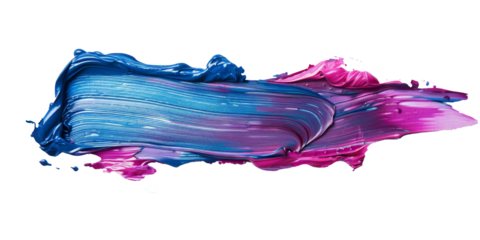 Detailed view of a smudge of pink and blue paint blending together on a white background or PNG