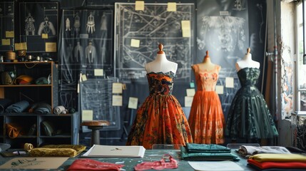 Obraz premium Three vintage dresses on mannequins in a creative workspace.