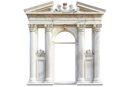 The white building has a lot of columns and a large archway