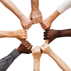 Diverse hands clasped together in a circle, symbolizing unity, teamwork, and collaboration.