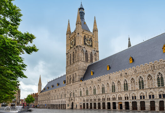 Cloth Hall and Belfry tower in city center of Ypres, Belgium.