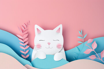Cute adorable white cat, simple flat illustration with pastel color and paper cut style, copy space, blue, pink background