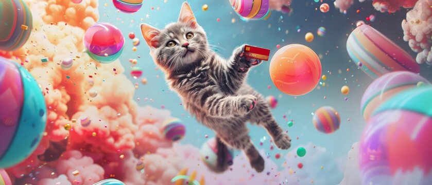 A surreal image of a gray cat levitating, holding a credit card in its paw, surrounded by floating, whimsical objects and colorful, dreamlike patterns