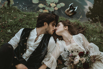 couple kiss with passion, vintage fantasy style, dark tones. Romantic art, love story, Dark and moody aesthetic, Gothic romance novel book cover