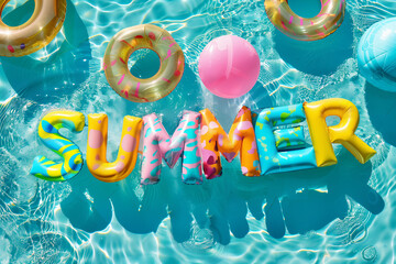 pastel colorful top view of pool party decorations, featuring colorful inflatable translucent letters that spell out the word "SUMMER", surrounded by inflatable ball and swimming ring. 