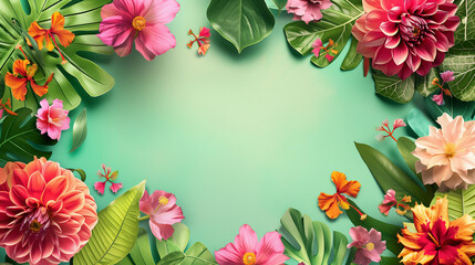 vibrant floral boarder frame background with an array of bright pink, orange and green flowers, including dahlia, orchid and hibiscus, arranged around the edges on a pastel green backdrop