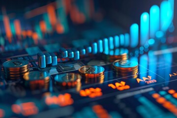Business finance report display with a blue upward arrow, bar graph showing profits, and various coin arrangements in a 3D visual concept