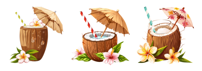 Collection of cocktail coconut isolated on transparent background. Generated ai