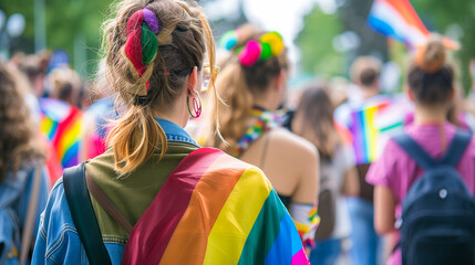 Back view of group woman with LGBT rainbow flag in pride month festival. - Powered by Adobe