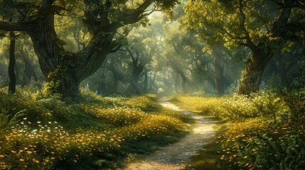 Fototapeta premium Enchanting Forest Pathway with Sunlight Filtering Through Lush Green Trees and Wildflowers