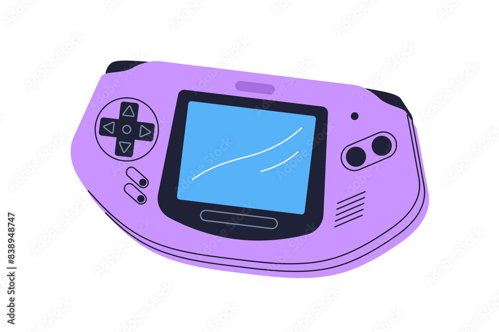 Poster Game console. Videogame controller. Nostalgic 90s and 00s gamepad. Retro gaming device, digital screen. Old electronic entertainment gadget. Flat vector illustration isolated on white background