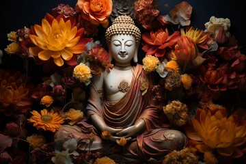 Elegant buddha statue surrounded by vibrant lotus flowers, symbolizing peace and enlightenment