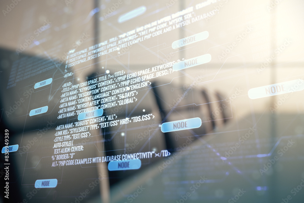 Aufkleber multi exposure of abstract software development hologram on a modern meeting room background, resear
