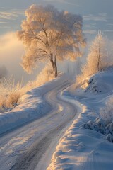 Obraz premium Serene Winter Landscape with Snow-Covered Road and Frosty Trees at Sunrise, Capturing the Beauty of a Tranquil Morning in a Snowy Countryside