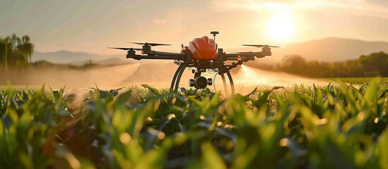 Aerial Drone Spraying Crops at Sunrise in Agricultural Field with Mountains in the Background