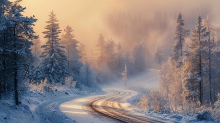 Serene Winter Wonderland: Snow-Covered Forest Road at Sunrise with Misty Trees and Golden Light
