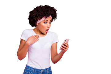 Portrait of nice charming cute attractive fascinating lovely confused wondered wavy-haired girl using new device gadget app 5g speed isolated over pink pastel background