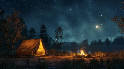 Cozy Night Camping by the Lake with a Glowing Campfire Under a Starry Sky in a Serene Forest Setting