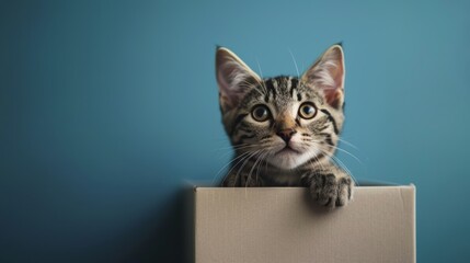 Kitten peeking out of a cardboard box, adorable and curious. Pet photography and domestic animals concept