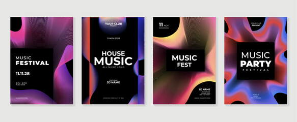 Music poster design background vector set. Electro Sound Cover template with vibrant perspective 3d geometric prism shape. Ideal design for social media, flyer, party, music festival, club.