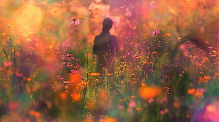 Silhouette of person walking through vibrant wildflower meadow at sunset, dreamy and serene concept
